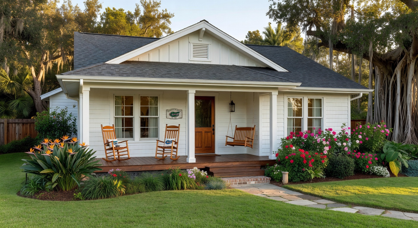 Ultra-realistic 8K photograph of a beautifully restored craftsman home in Gainesville Florida serving as an Airbnb, with lush subtropical landscaping, welcoming front porch with rocking chairs, and University of Florida subtle branding, golden hour lighting, professional real estate photography