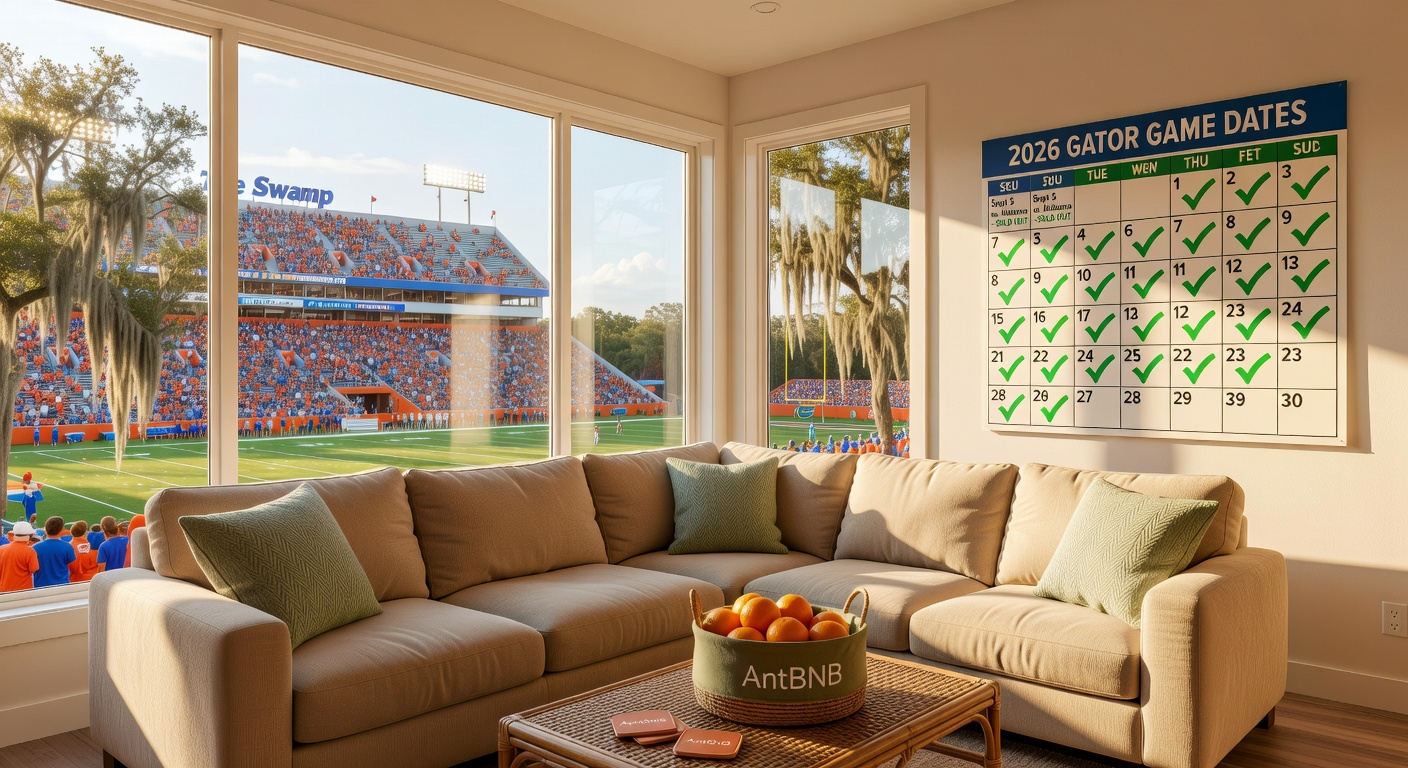 Hyper-realistic 8K scene of a modern Gainesville vacation rental living room overlooking a packed Ben Hill Griffin Stadium on game day. Floor-to-ceiling windows, AntBNB-branded welcome basket in olive 515B3A and terracotta C06E52 on the coffee table. Large legible wall calendar showing ‘2026 Gator Game Dates’ with sold-out green checkmarks. Warm beige D6D5C9 sofa, sage B9BAA3 throw pillows. Golden Florida sunlight streaming in, subtle UF orange accents, razor-sharp details on stadium lights and Spanish moss outside, text crystal clear, shot as if by a professional real-estate photographer using 24-70mm lens at f/2.8.