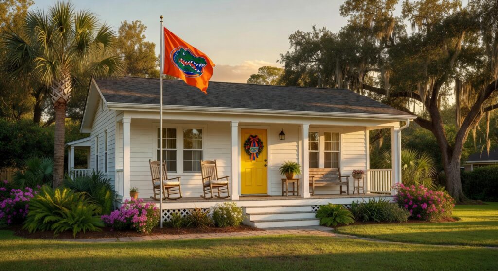 Ultra-realistic 8K photograph of a charming craftsman-style Airbnb exterior in Gainesville Florida with lush subtropical landscaping, welcoming front porch, and University of Florida themed decor during golden hour