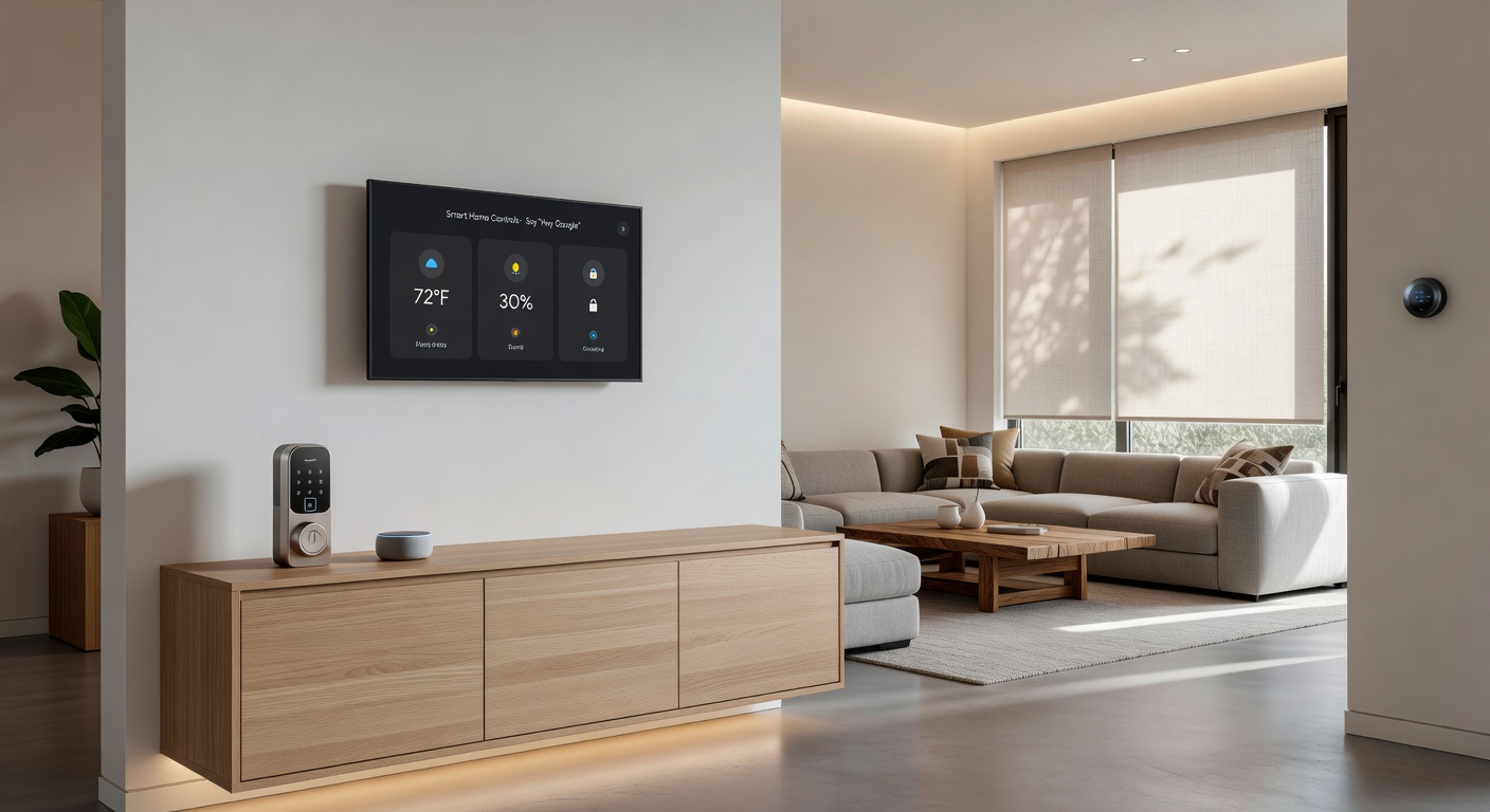 Detailed ultra-realistic 8K image of smart home technology integrated throughout a modern Airbnb including voice control panel, smart lock, automated lighting, and climate control system, clean minimalist design