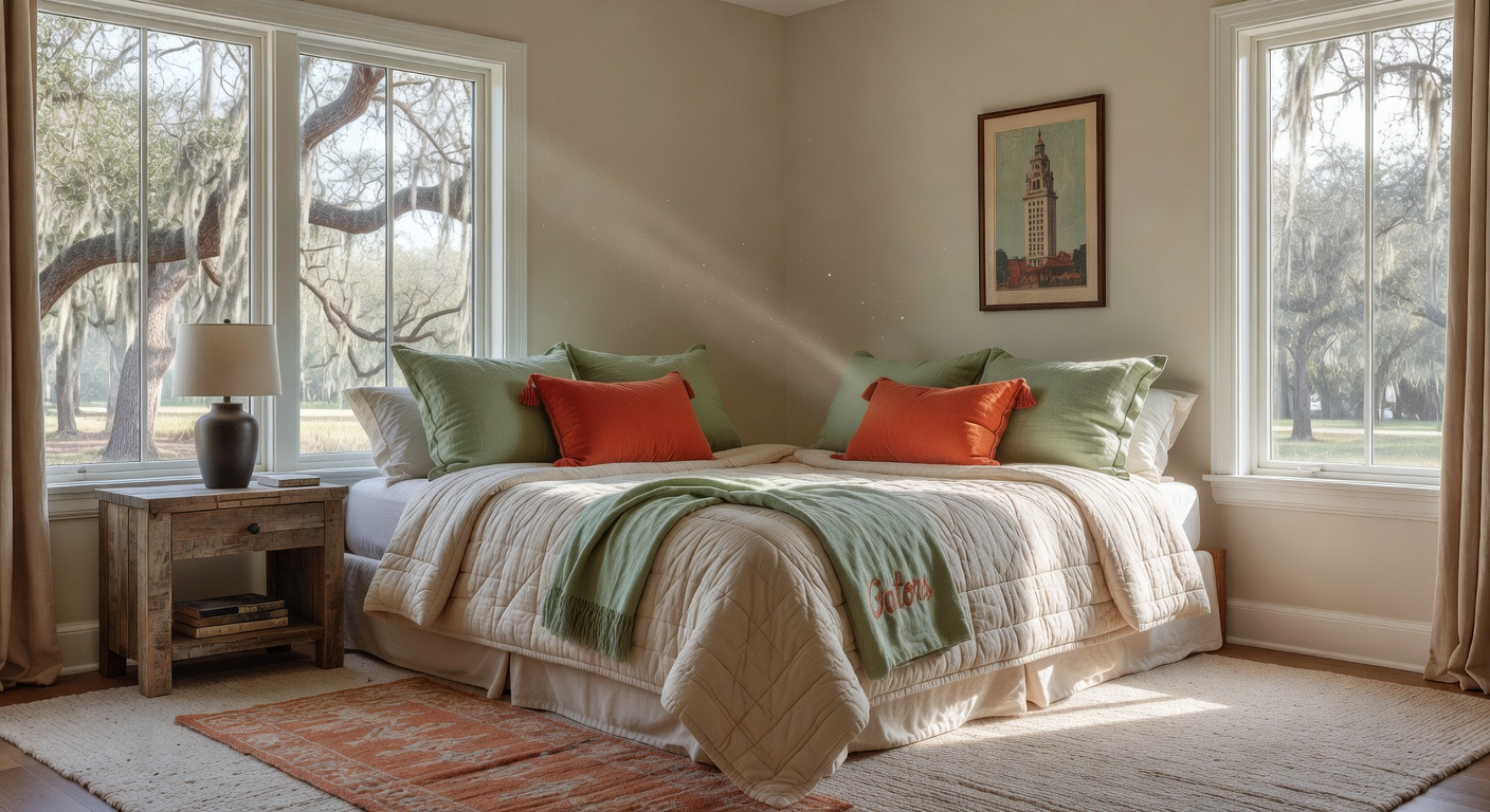 Hyper-realistic 8K photograph of University of Florida commencement ceremony at the Stephen C. O’Connell Center with graduates in caps and gowns, proud families in audience, stage with UF banner, dramatic interior lighting, emotional and detailed scene.