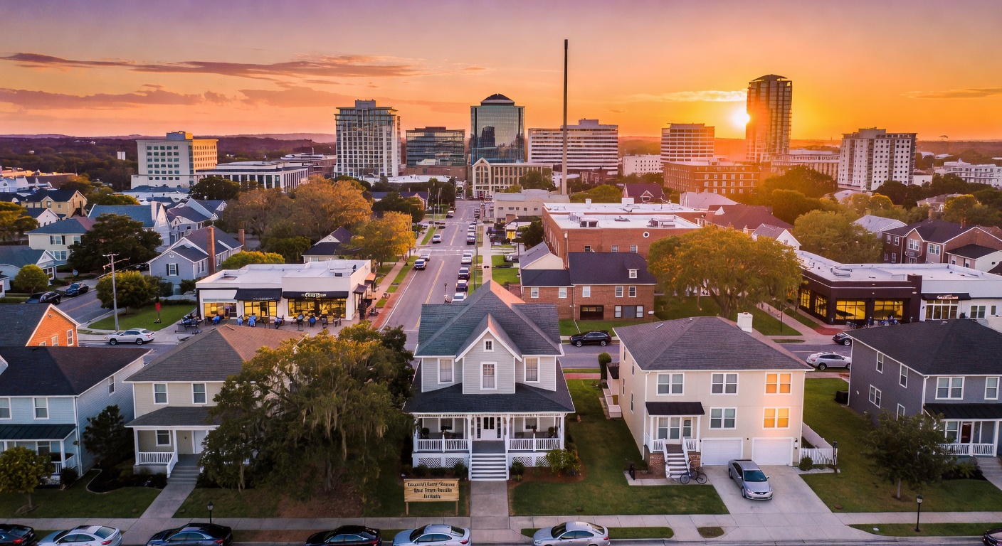 Aerial ultra-realistic 8K drone photograph of downtown Gainesville Florida and surrounding neighborhoods highlighting multiple short-term rental properties near the University of Florida campus during sunset