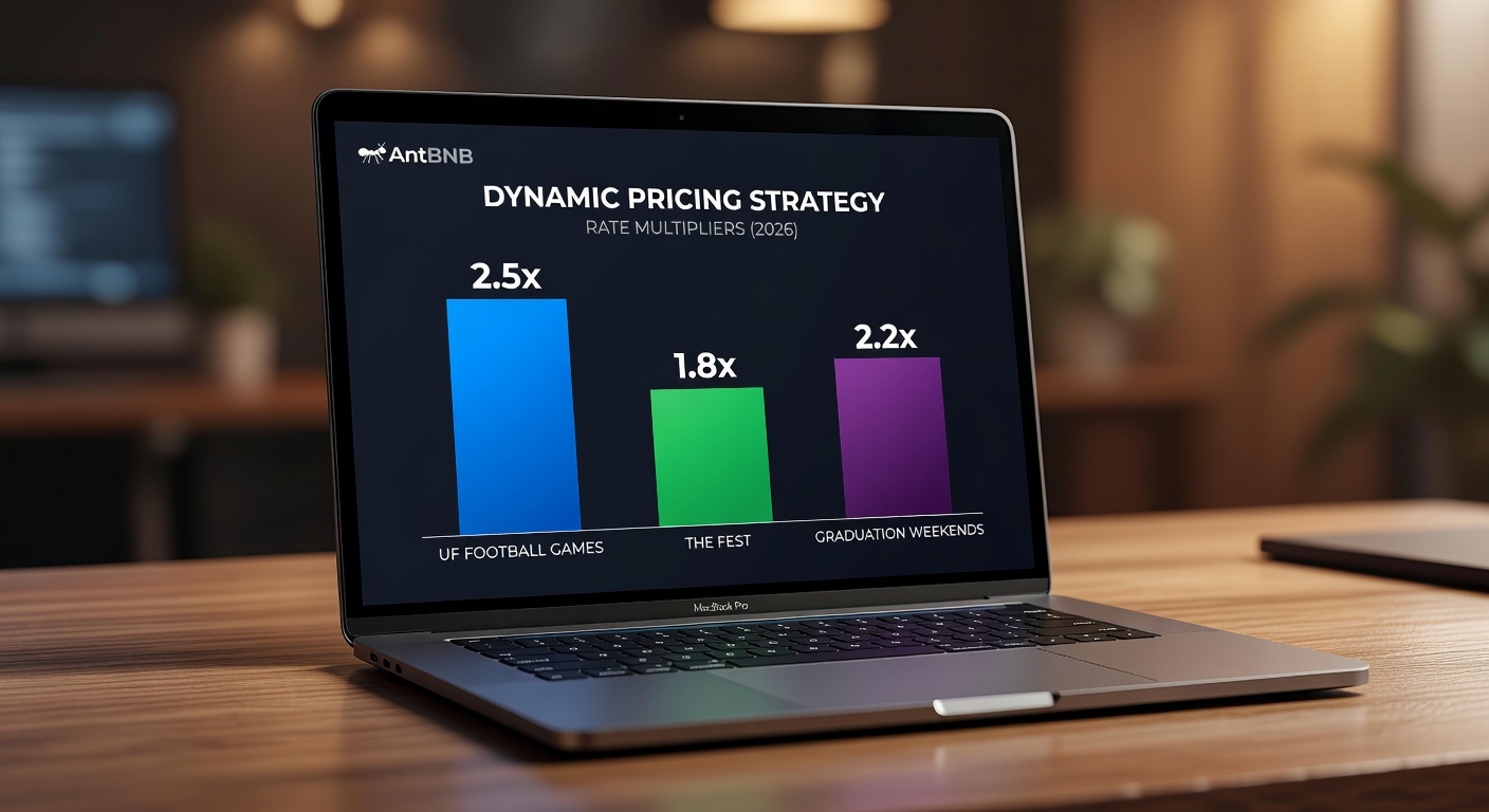 Hyper-realistic 8K image of a professionally staged bedroom in a Gainesville vacation rental featuring comfortable king bed with sage and terracotta pillows, UF subtle accents, morning light through windows showing oak trees outside, luxury real estate photography.