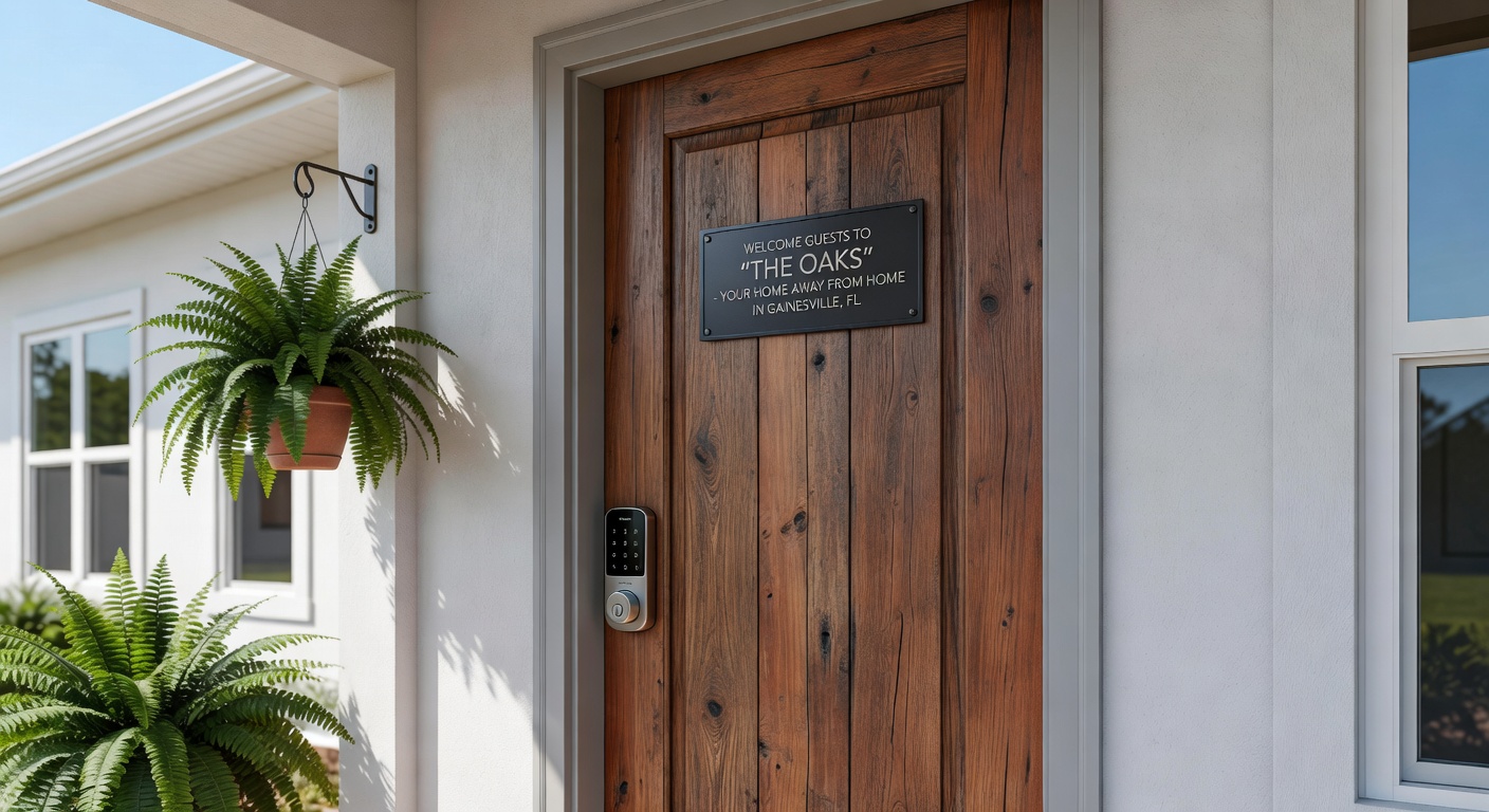 Professional real estate photographer capturing exterior images of an attractive Gainesville vacation rental home during perfect golden hour lighting with palm trees, ultra realistic 8K
