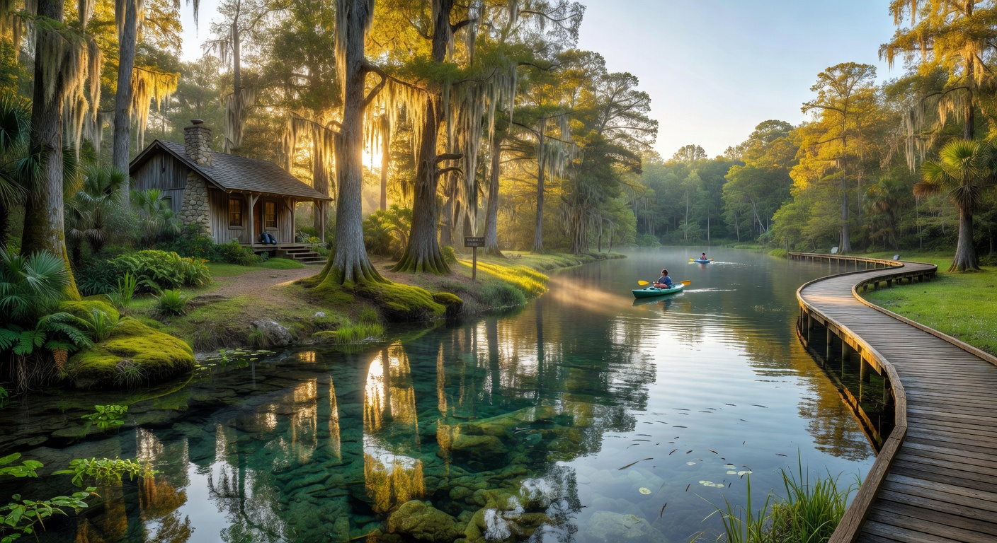 Panoramic dusk view of Gainesville Florida skyline featuring university landmarks and glowing lights with dramatic clouds, iconic perspective for short term rental promotion, 8K ultra realistic