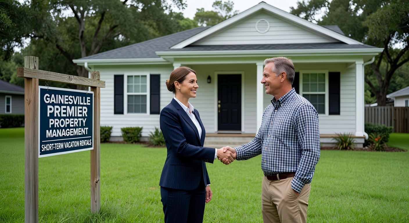 Warm hospitality scene of a professional host presenting a personalized welcome basket filled with local Gainesville products to arriving guests at a vacation rental entrance, ultra realistic 8K