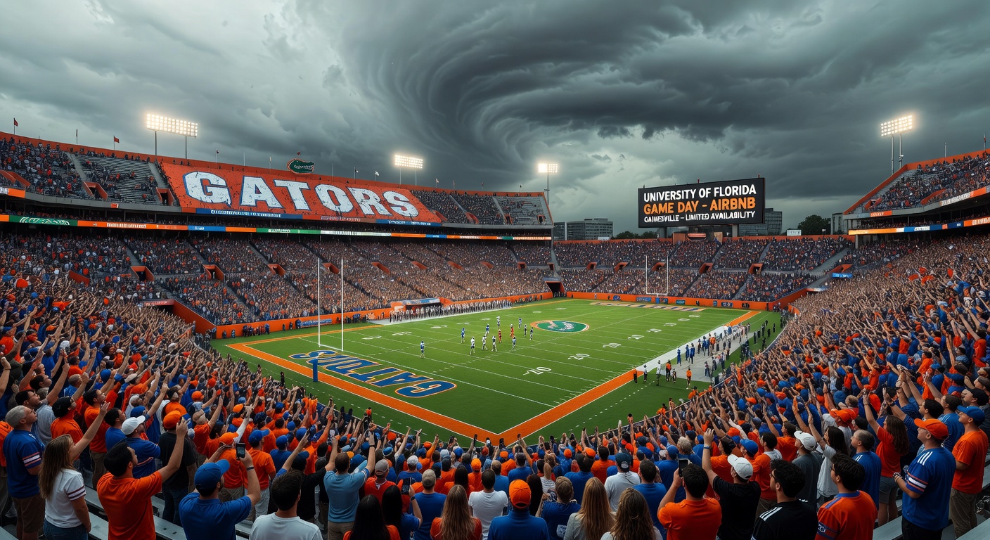 Photorealistic 8K image of Ben Hill Griffin Stadium during a packed University of Florida football game with thousands of fans in orange and blue, creating high demand for local Airbnbs, dramatic sky, cinematic composition