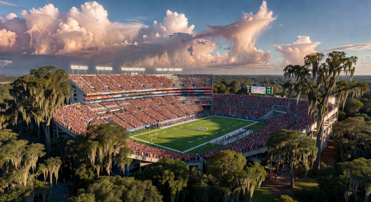 Hyper-realistic 8K aerial photograph of Ben Hill Griffin Stadium in Gainesville packed with 90,000 fans in orange and blue on a perfect fall Saturday. Dramatic cloud formations, vibrant green field, iconic stadium architecture, Spanish moss on surrounding oak trees, golden hour lighting, captured with cinematic clarity and razor sharp detail.