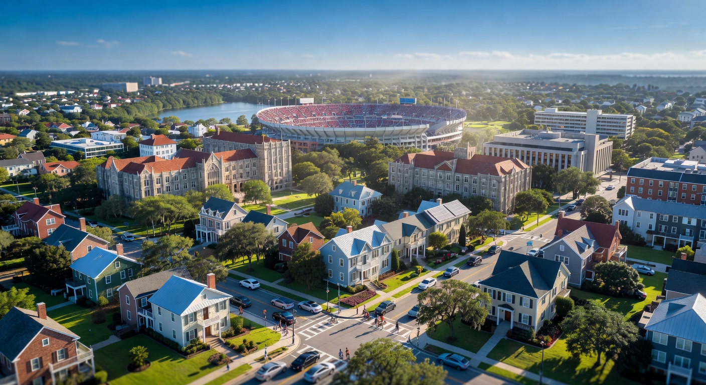 Photorealistic 8K aerial view of downtown Gainesville Florida showing the University of Florida campus, Ben Hill Griffin Stadium, and surrounding residential neighborhoods ideal for short-term rentals