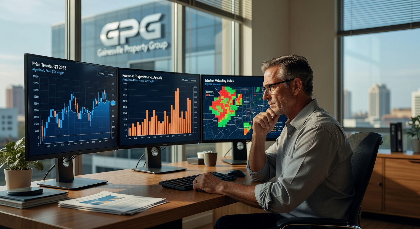 Ultra-realistic 8K image of a professional property manager analyzing dynamic pricing algorithms on multiple computer monitors in a modern Gainesville office, complex data visualizations and revenue graphs displayed, focused expression