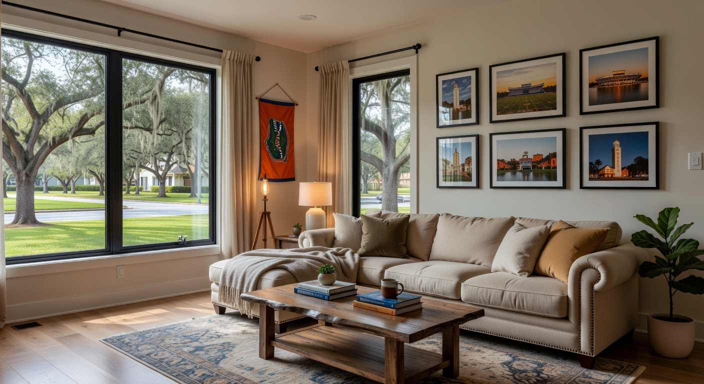Professional diverse property management team collaborating around a conference table in a modern Gainesville office with laptops and local maps visible, natural lighting, ultra-realistic 8K photography