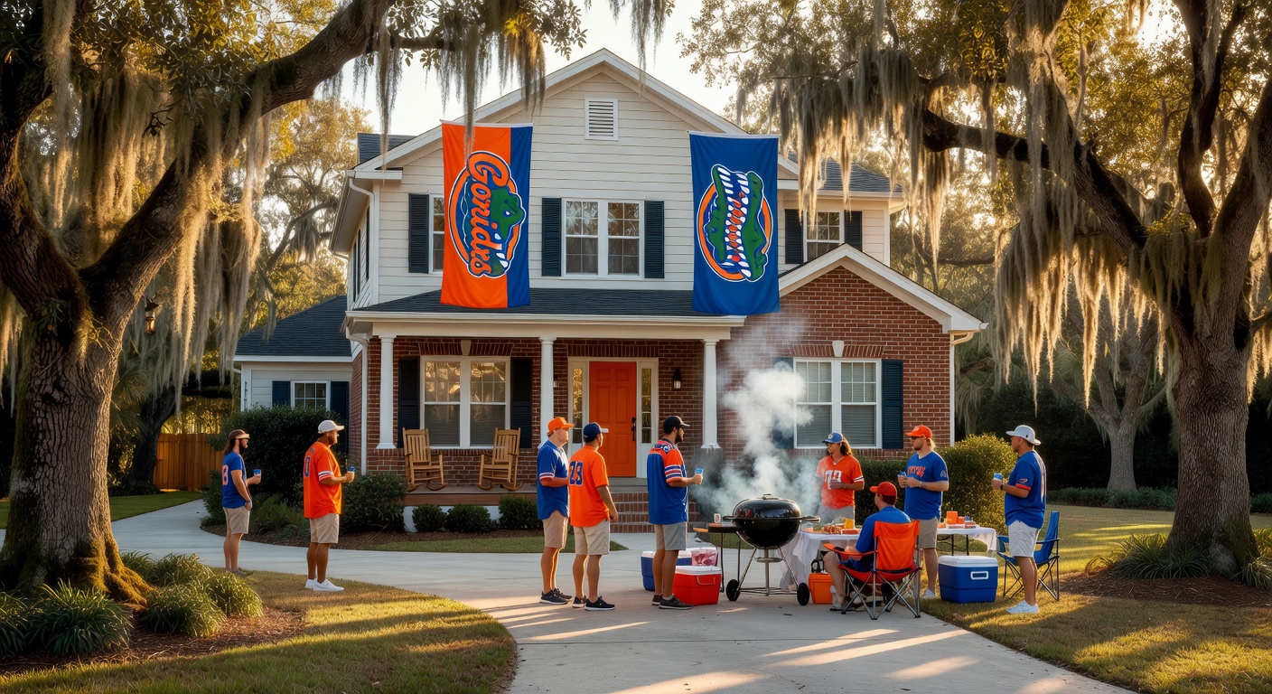 Hyper-realistic 8K exterior view of a beautifully renovated Gainesville vacation rental home with UF Gators flags, tailgating setup in the driveway, and guests grilling under oak trees draped in Spanish moss. Warm afternoon light, realistic textures on brick and wood, professional real estate photography style.