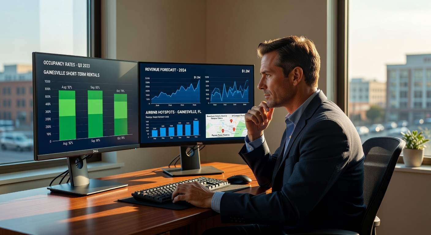 Ultra-detailed 8K image of a property manager analyzing dynamic pricing dashboard on dual monitors with occupancy graphs and revenue forecasts for Gainesville Airbnb properties