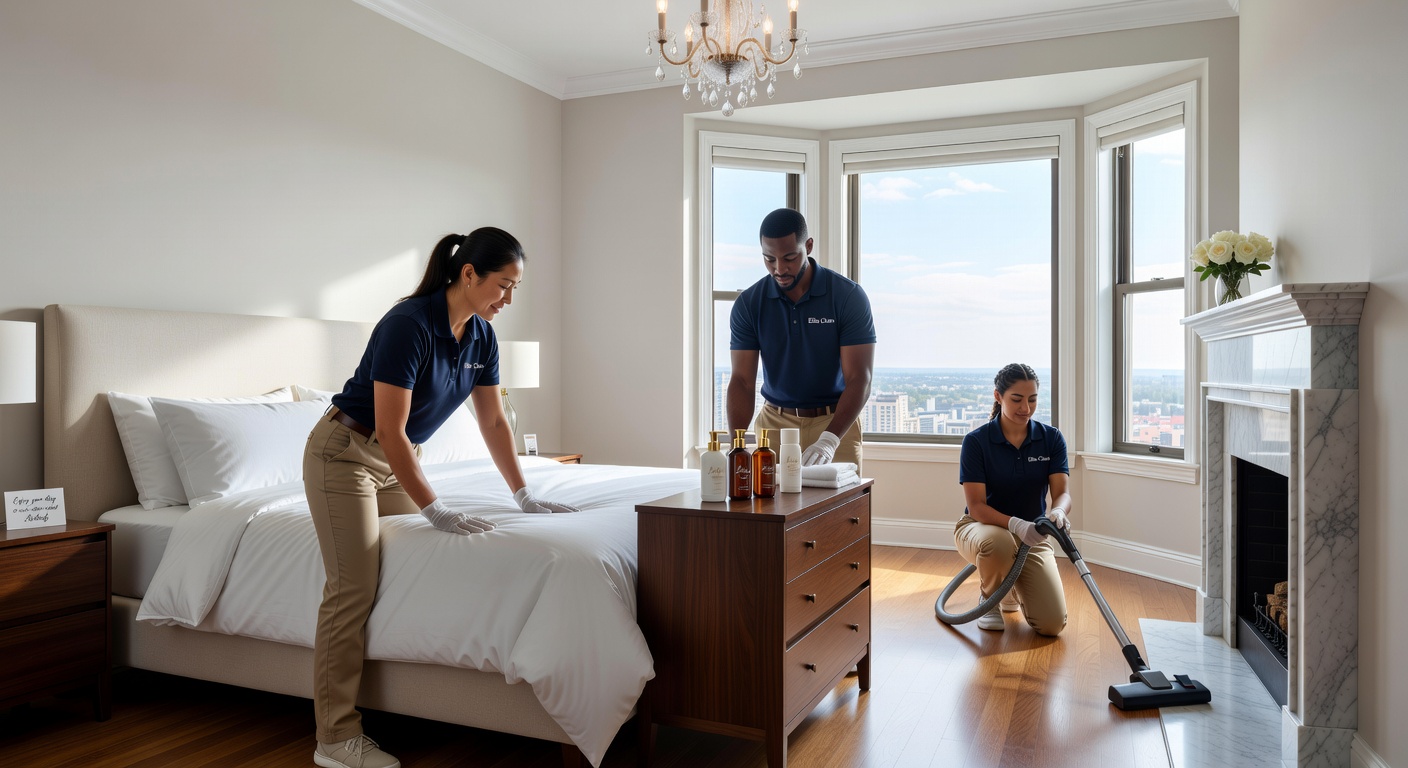 Highly detailed ultra-realistic 8K photograph of a professional cleaning team meticulously preparing a luxury Airbnb bedroom with fresh white linens, premium toiletries, and natural light, spotless condition, attention to detail