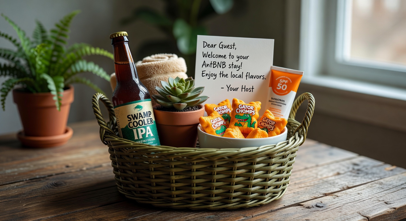 Hyper-realistic 8K close-up of an AntBNB welcome basket on a wooden table containing local craft beer, Gator-themed snacks, sunscreen, and a handwritten note. Olive green and terracotta color accents, soft natural window light, extremely detailed textures, shallow depth of field.