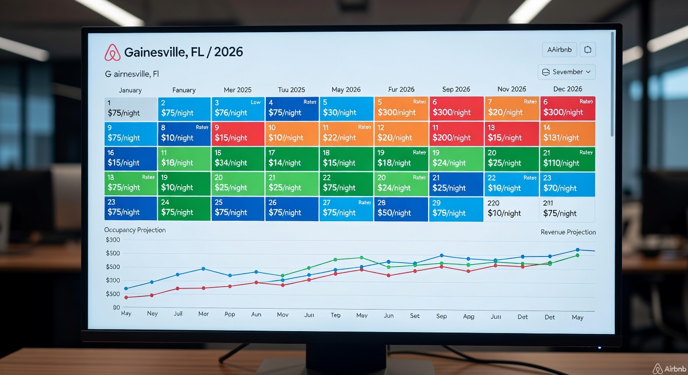 Ultra-realistic 8K close-up of a digital pricing dashboard on a large monitor showing dynamic price fluctuations for Airbnb properties in Gainesville throughout 2026 calendar with color-coded rates