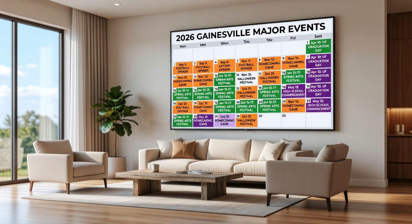 Hyper-realistic 8K image of a large digital wall calendar in a vacation rental living room highlighting all 2026 Gainesville major events with color-coded blocks for football, festivals, and graduation dates. Clean modern interior, natural light, legible text, professional interior photography.