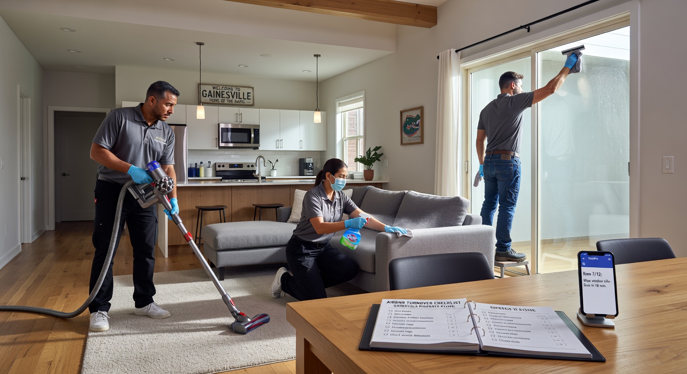 Ultra-realistic 8K image of a professional cleaning crew performing rapid turnover service in a modern Gainesville Airbnb with checklists and cleaning equipment visible