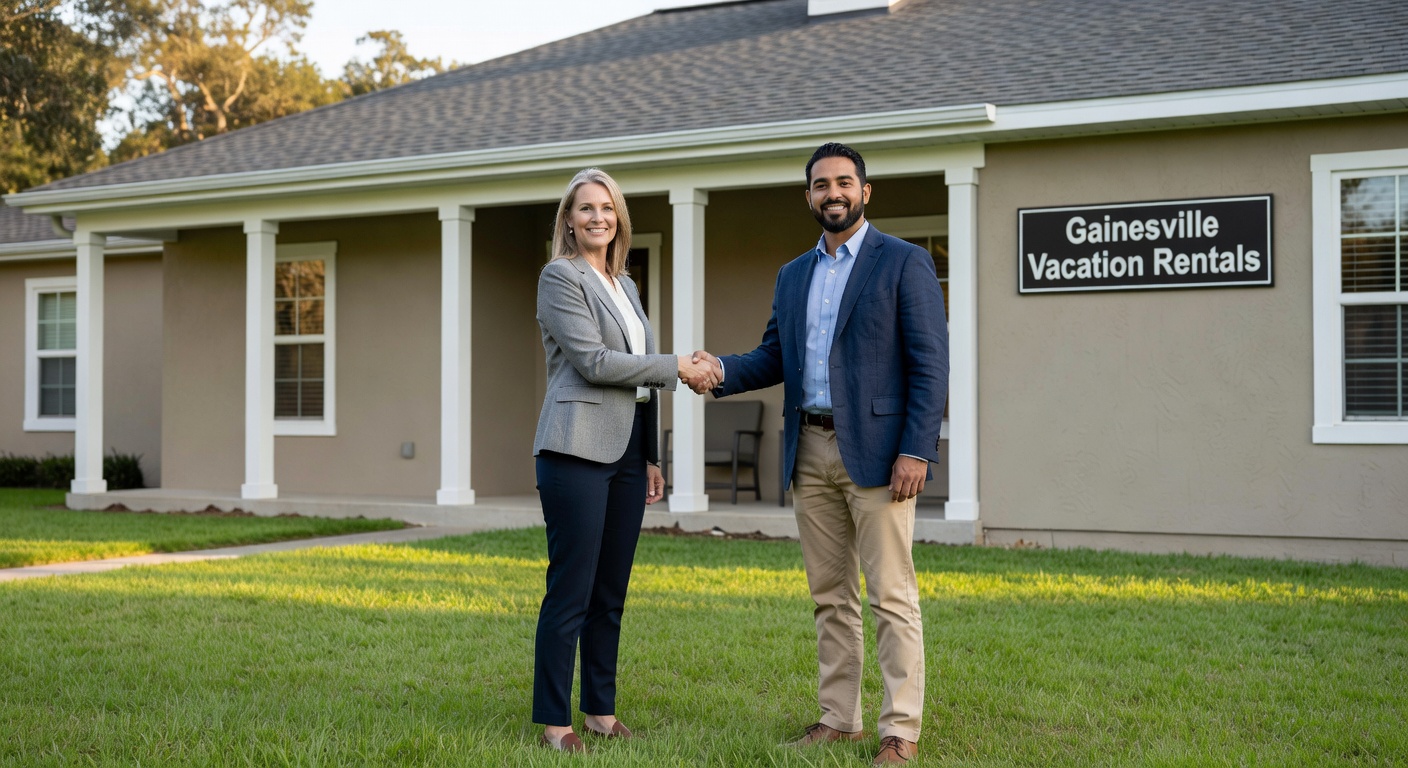 Professional ultra-realistic 8K image of an Airbnb property owner and local co-host shaking hands in front of a stylish Gainesville rental property, both dressed in business casual attire, mutual success and partnership