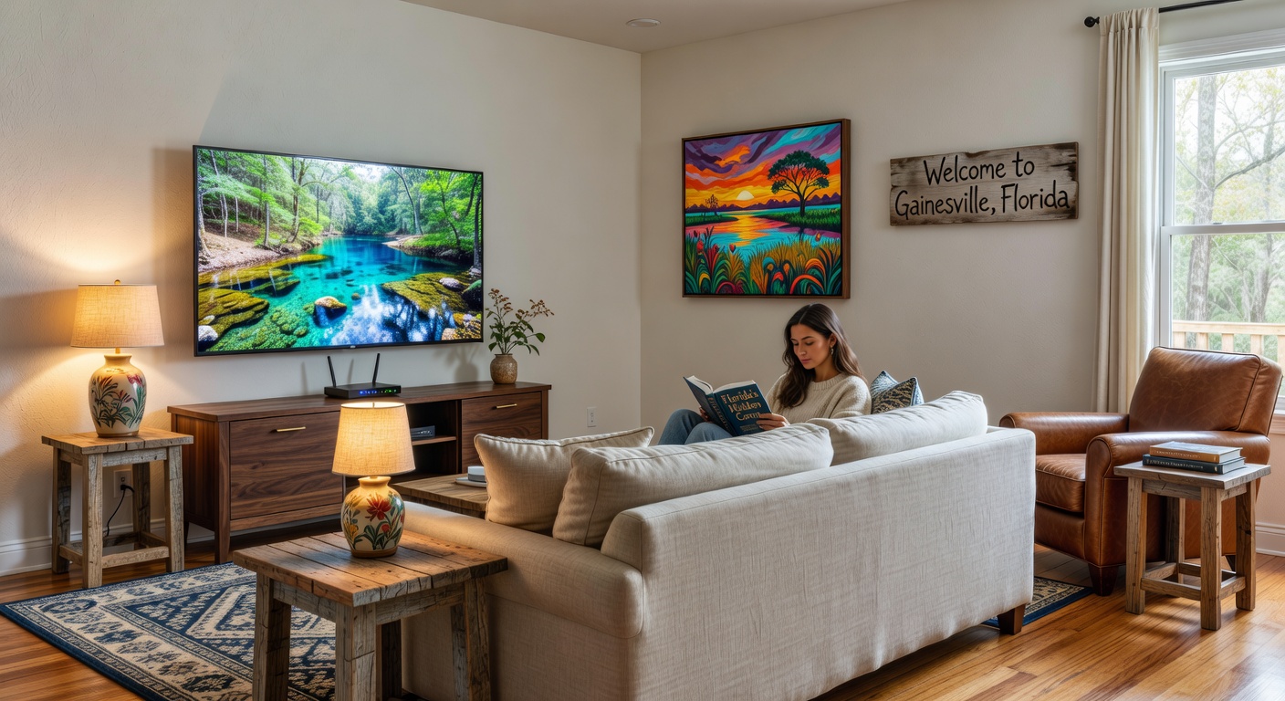 Detailed 8K photorealistic shot of a cozy, well-designed Airbnb living room in Gainesville featuring comfortable seating, smart TV, high-speed internet router, and local artwork