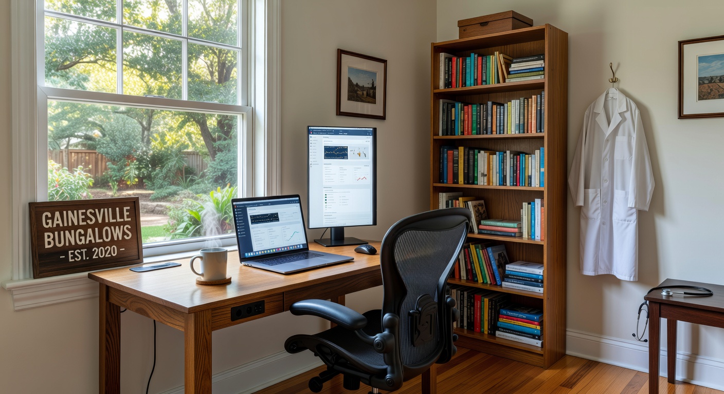Ultra-realistic 8K photograph of a thoughtfully designed Airbnb workspace in a quiet Gainesville bungalow during slow season, ergonomic desk setup, natural light, appealing to digital nomads and medical professionals
