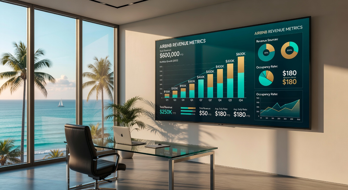 Cinematic ultra-realistic 8K image of financial growth charts and revenue metrics for a $600,000 Airbnb portfolio displayed on a large screen in a contemporary office setting with subtle Florida elements