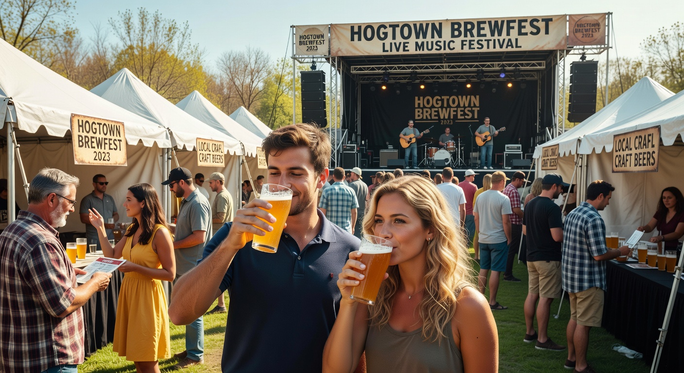 Hyper-realistic 8K nighttime scene of The Fest music festival in Gainesville with crowded outdoor stages, colorful lighting, happy attendees, food trucks, and downtown Gainesville skyline. Atmospheric, cinematic lighting, ultra-detailed crowd and stage elements.