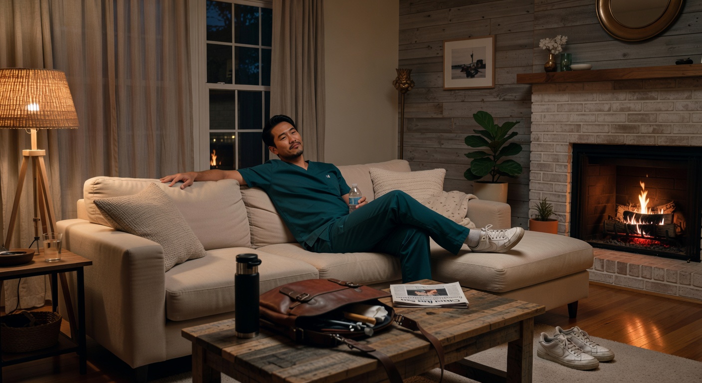Ultra-realistic 8K photograph of a traveling healthcare professional relaxing comfortably in a well-appointed Gainesville Airbnb living room after a long shift, warm lighting, sense of recovery and peace