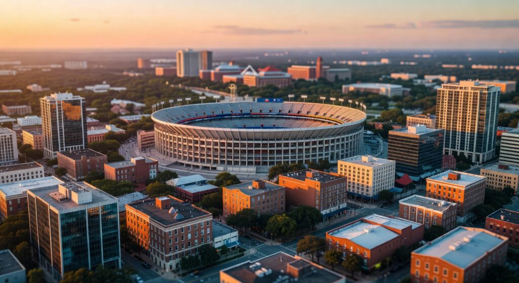 Ultra-realistic 8K aerial view of downtown Gainesville Florida at sunset with University of Florida campus visible in background, warm golden hour lighting, detailed architecture, cinematic composition