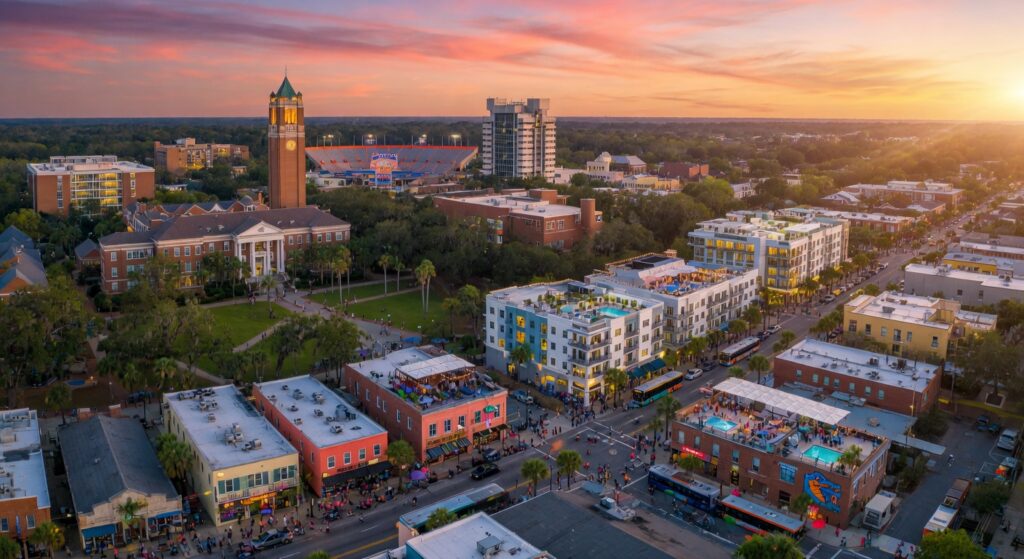 Ultra-realistic 8K aerial photograph of downtown Gainesville Florida at golden hour showing University of Florida campus nearby with modern vacation rental properties highlighted, vibrant college town atmosphere, cinematic lighting