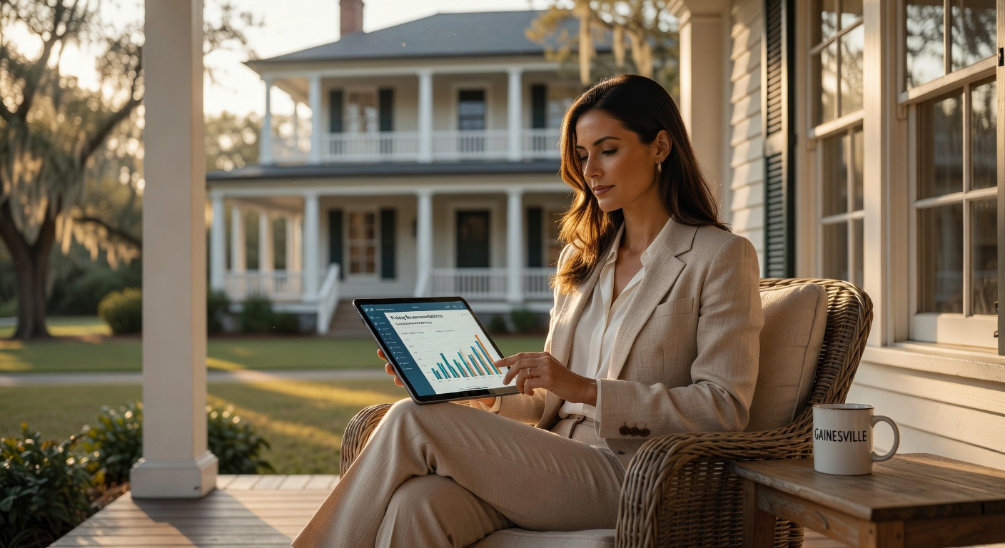 Gainesville Airbnb host reviewing pricing recommendations on tablet while sitting on porch of historic Florida home, relaxed professional atmosphere