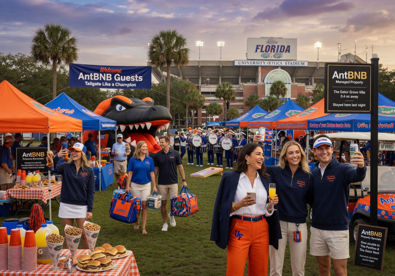 University of Florida football game day tailgating scene with guests staying at nearby AntBNB managed vacation rental properties, energetic atmosphere, realistic 8K image