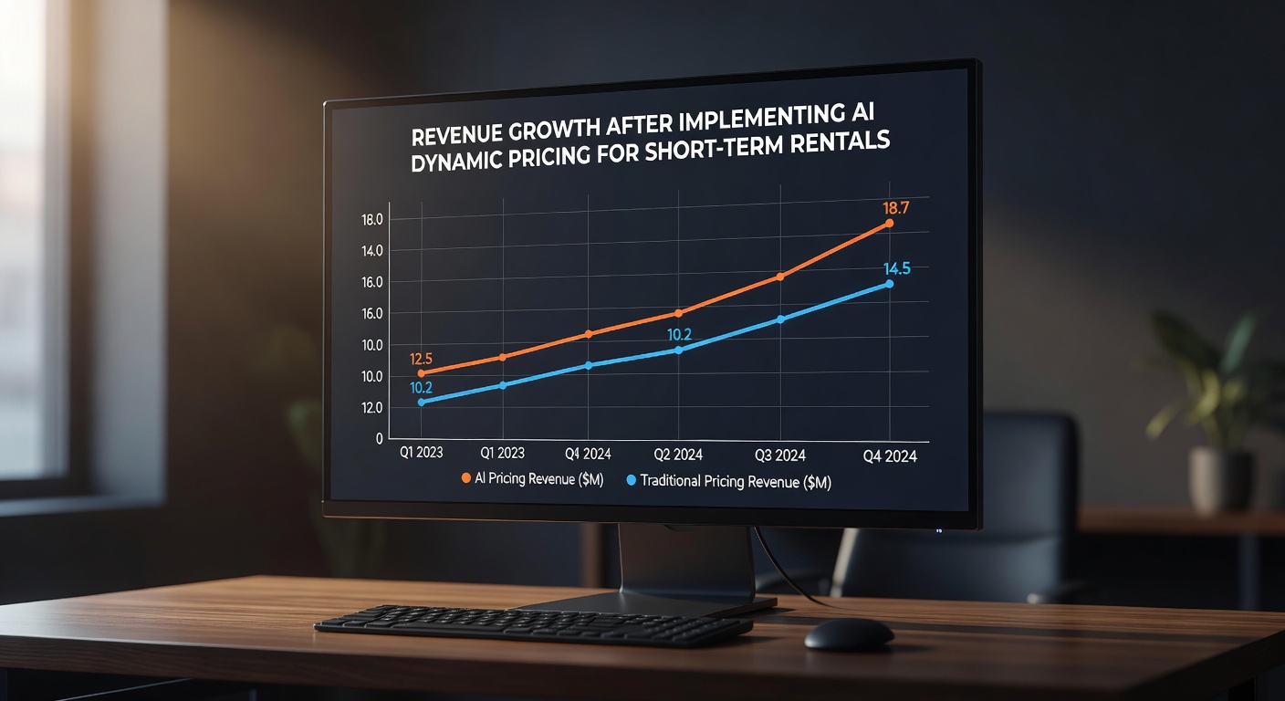 Line graph showing revenue growth after implementing AI dynamic pricing for short term rentals, upward trending orange and blue lines, professional business visualization