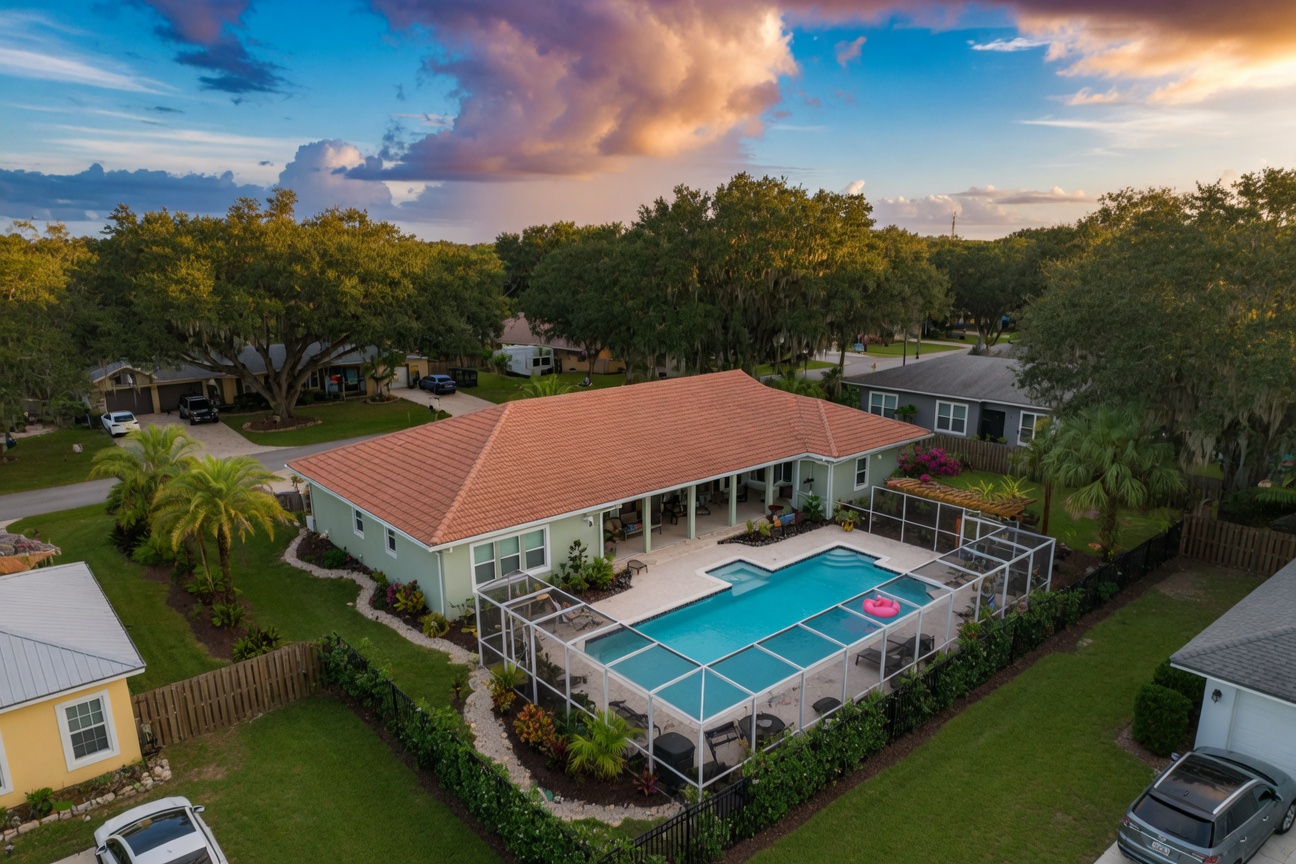 Aerial view of a beautiful vacation rental home with pool in a wooded Gainesville neighborhood, lush Florida landscaping, blue sky with dramatic clouds, 8K ultra realistic