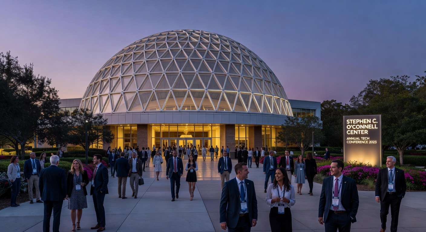 Stephen C. O’Connell Center in Gainesville hosting a large conference event with crowd of attendees, modern architecture, evening lighting, realistic 8K detail