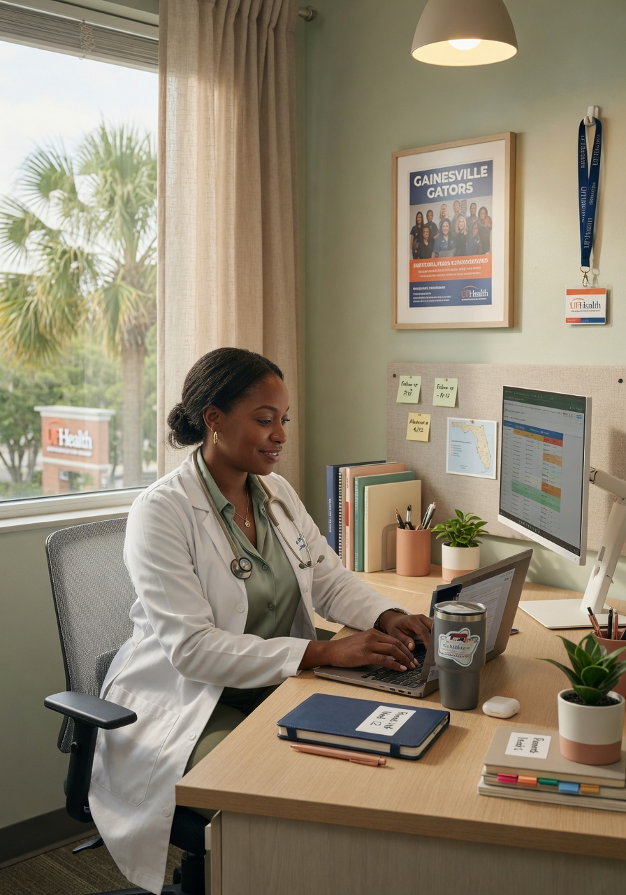 Medical professional working comfortably at a desk in a quiet, productivity-focused short term rental near UF Health in Gainesville, natural light, organized space, photorealistic