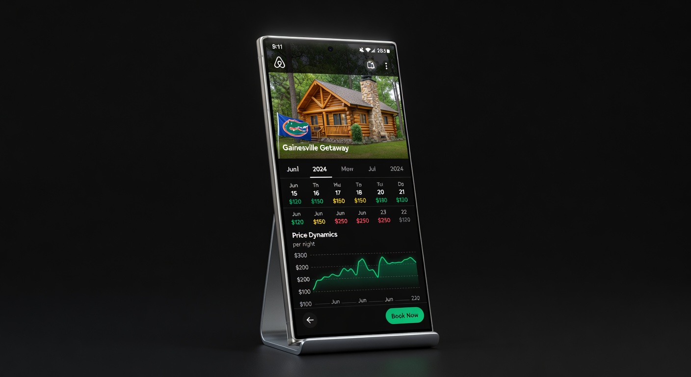 Smartphone displaying Airbnb app with dynamic price adjustments and booking calendar for a Gainesville vacation rental property, crisp UI details