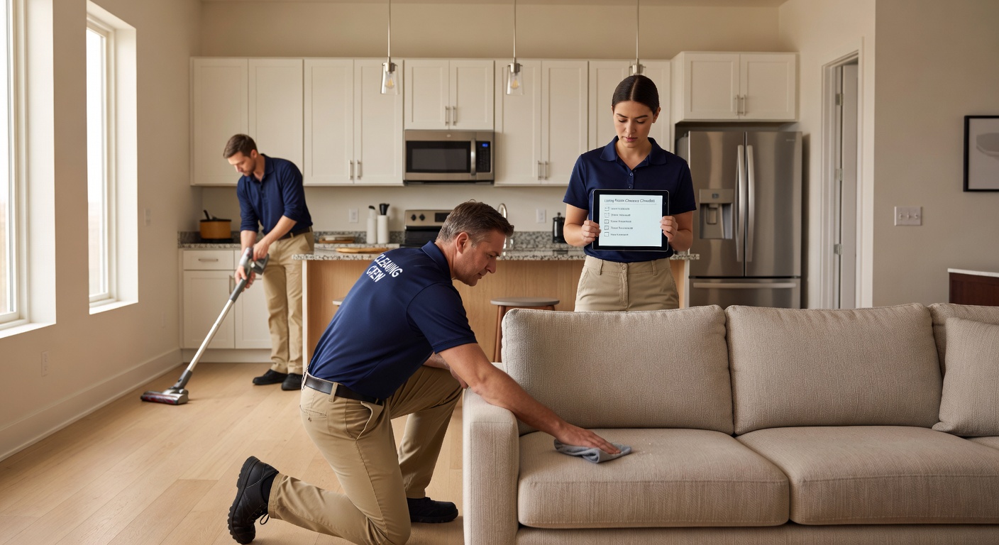 Professional cleaning crew preparing a Gainesville short term rental property for next guests, bright and clean interior, attention to detail