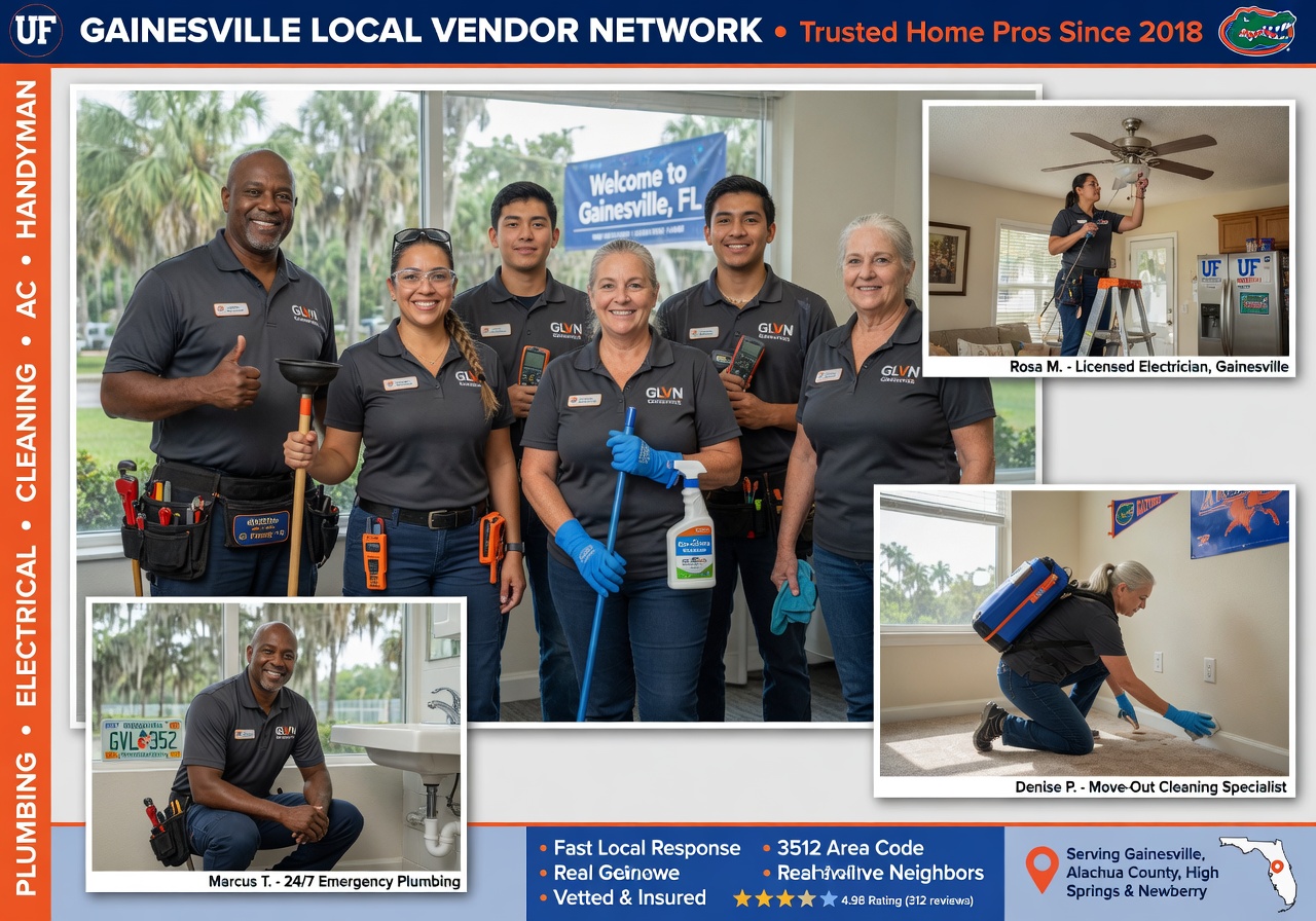 Local vendor network concept image showing various maintenance professionals (plumber, electrician, cleaner) in Gainesville Florida, friendly team photos, realistic 8K composition