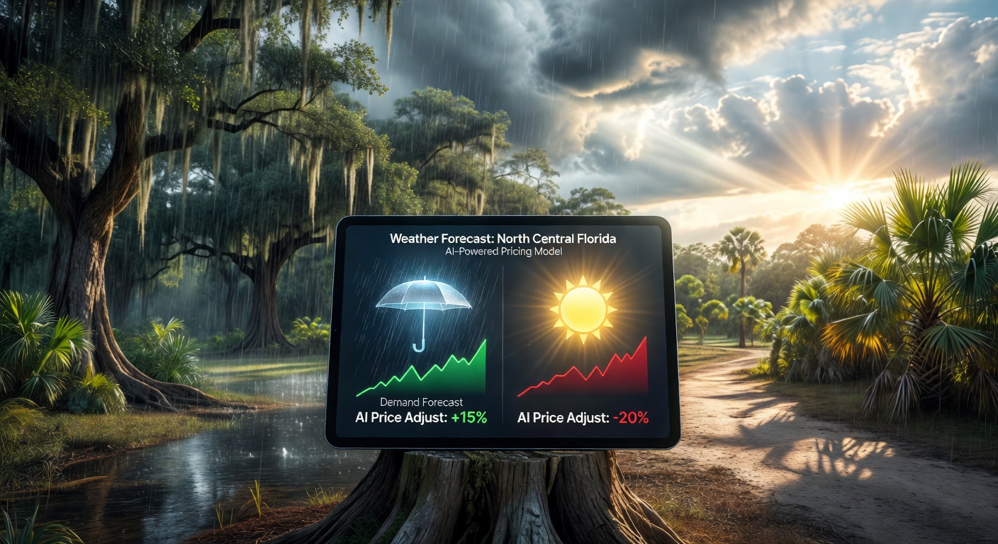 Weather forecast integration concept showing how AI pricing adjusts for upcoming rainy or sunny days in North Central Florida, meteorological elements