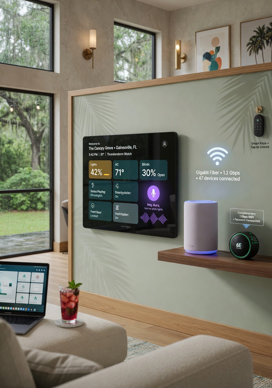 Smart home technology integration in a modern Gainesville vacation rental, digital control panel, voice assistant, high-speed wifi symbols, sleek interior, 8K ultra detailed