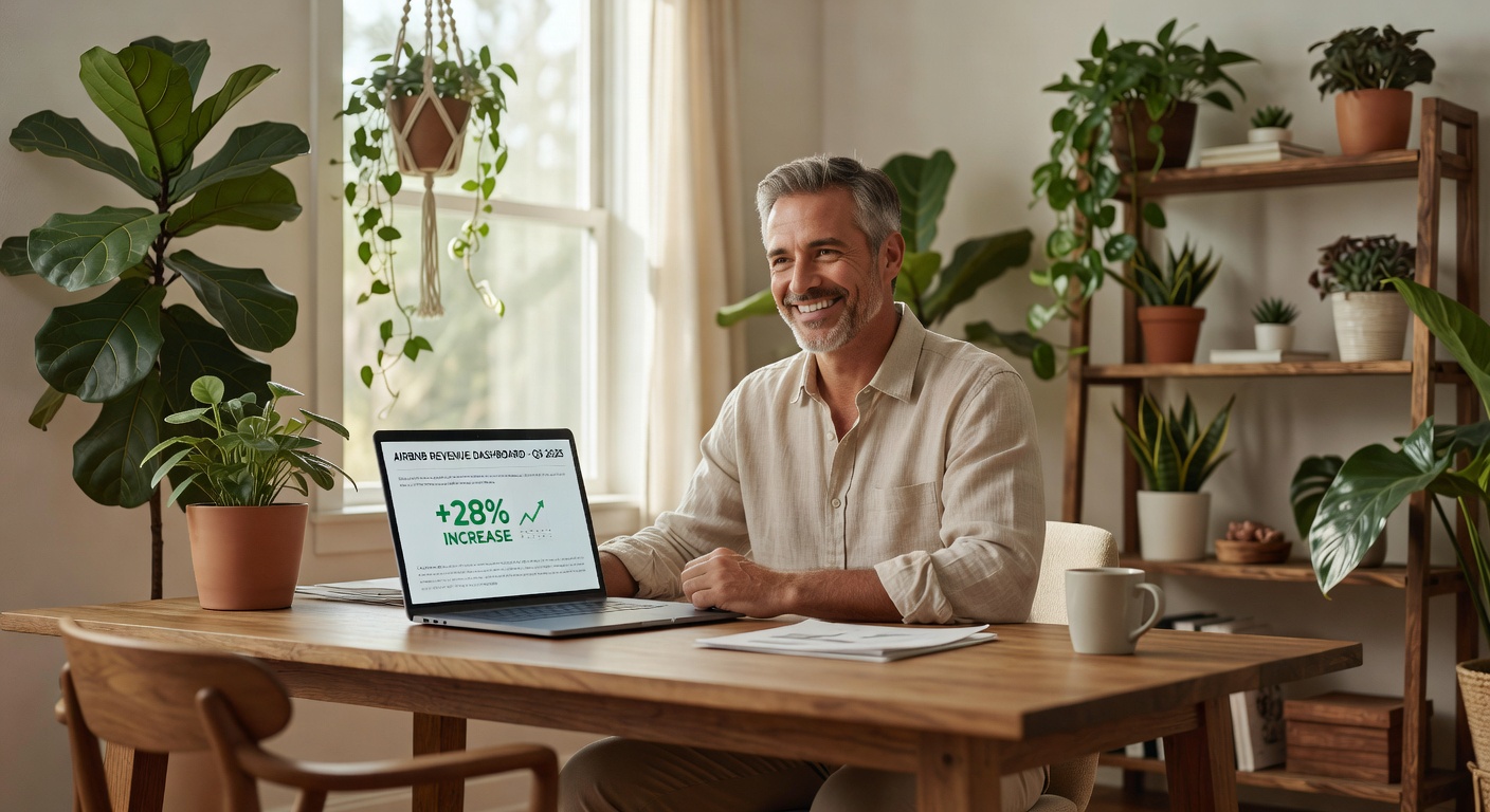 Happy Gainesville Airbnb property owner receiving higher revenue report on laptop, satisfied expression, home office environment with plants