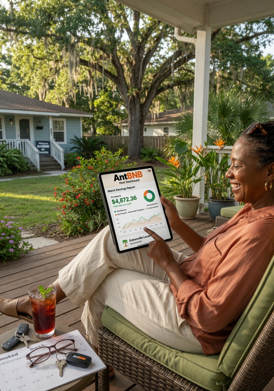 Property owner happily reviewing monthly earnings report from AntBNB on tablet computer while relaxing outdoors in Gainesville, satisfied expression, natural setting