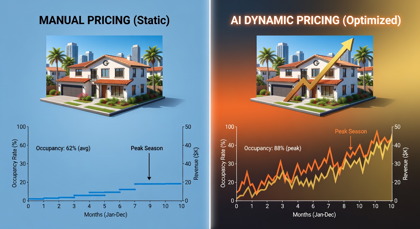 Split screen comparison showing manual pricing vs AI dynamic pricing performance metrics for the same Gainesville property over 12 months