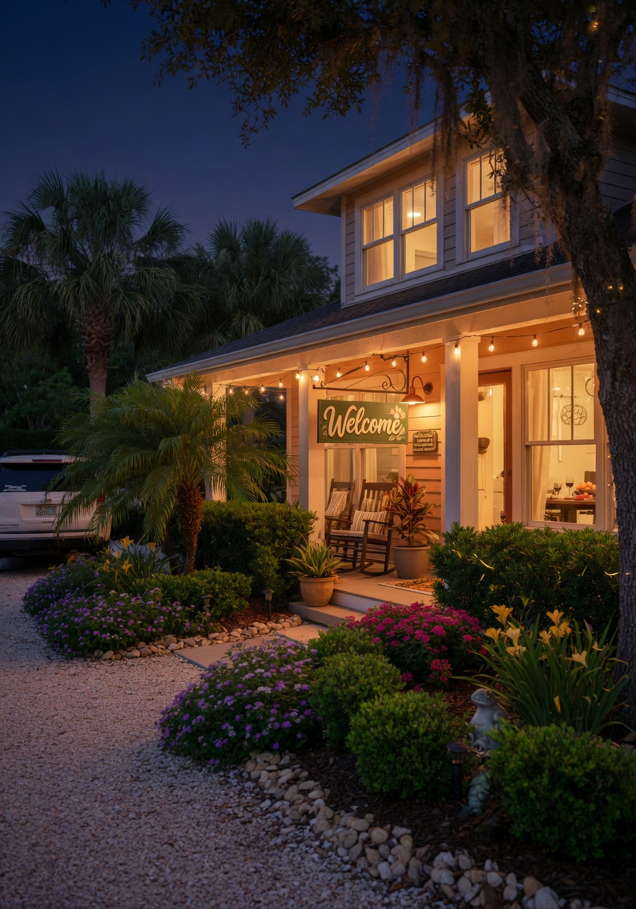 Nighttime exterior of a warmly lit vacation rental home in Gainesville Florida with 'Welcome' sign and professional landscaping, inviting atmosphere, realistic 8K photography