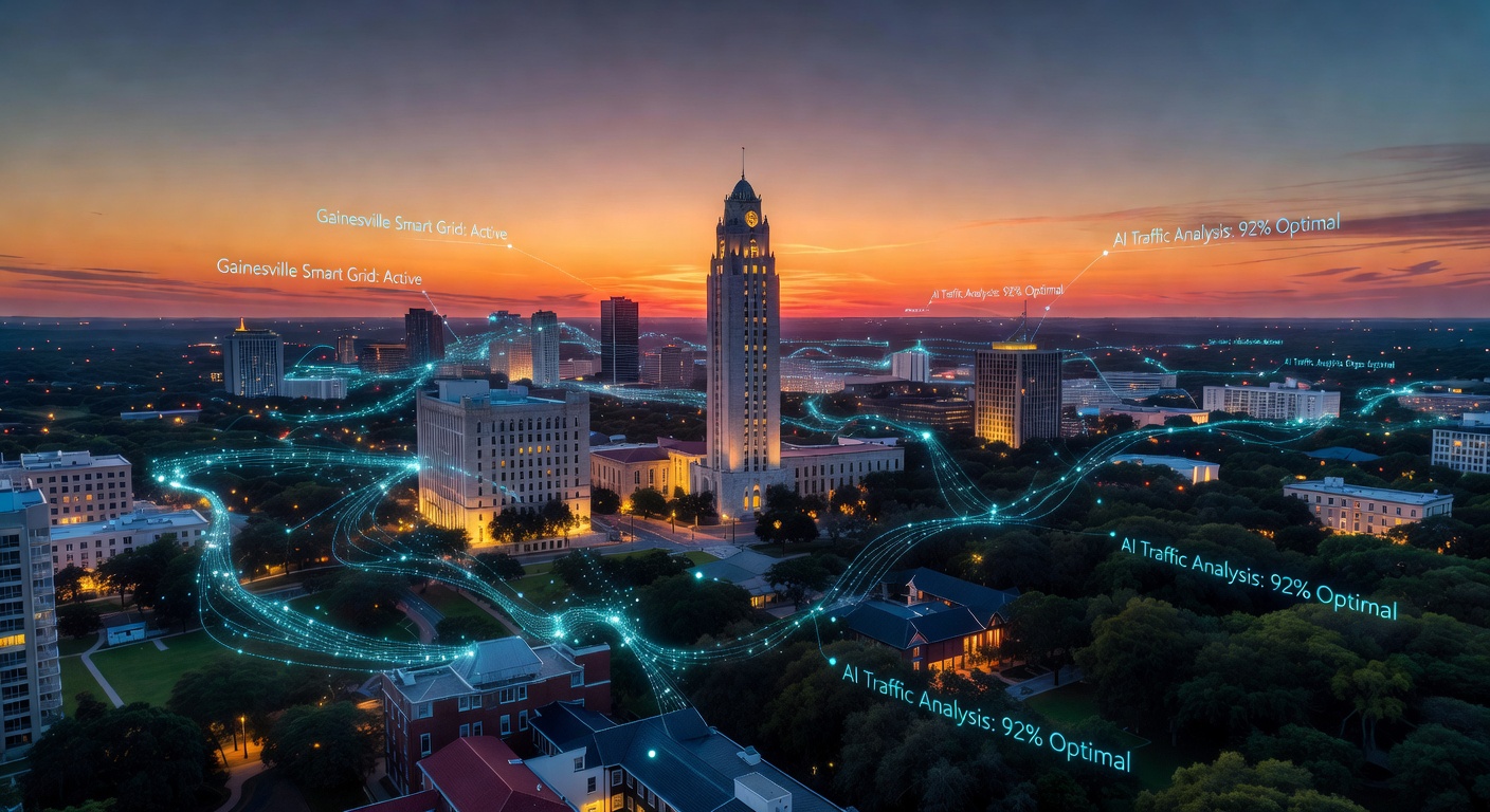 Panoramic view of Gainesville Florida skyline at twilight with subtle overlay of digital data points and AI connection lines representing smart technology