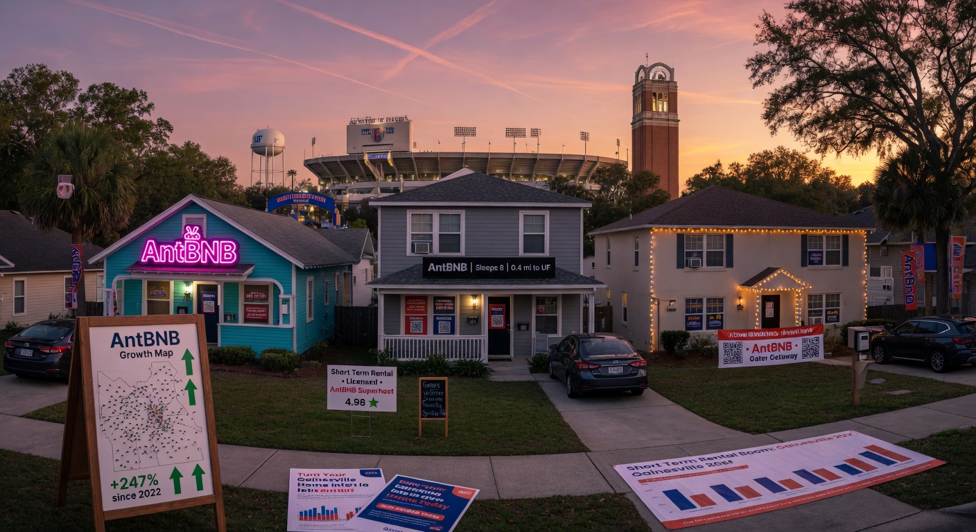 Panoramic 8K image showing the growth of short term rental industry in Gainesville with multiple properties, University of Florida in background, and AntBNB branding elements
