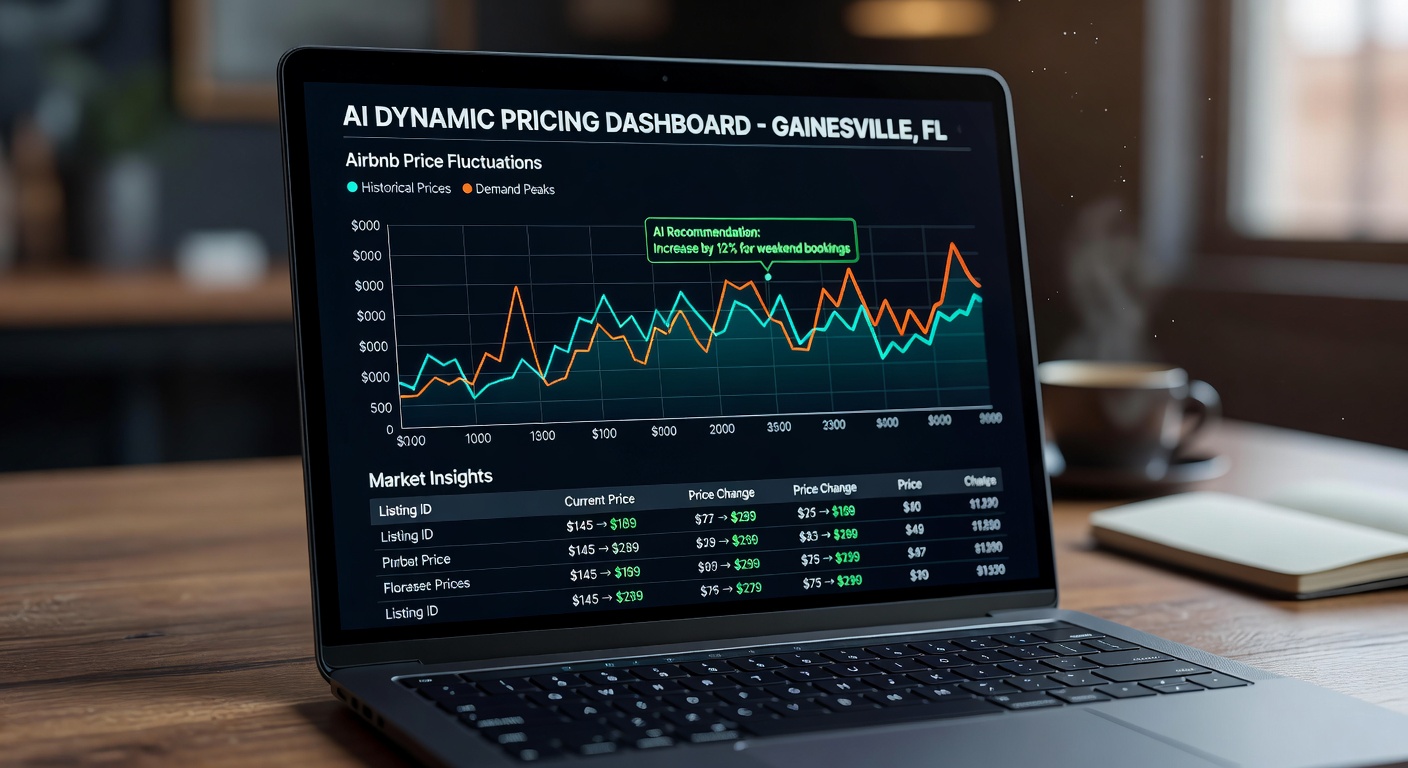 Close-up of modern laptop screen displaying AI dynamic pricing dashboard with colorful graphs, charts showing price fluctuations for Airbnb in Gainesville, sharp focus, professional interface design