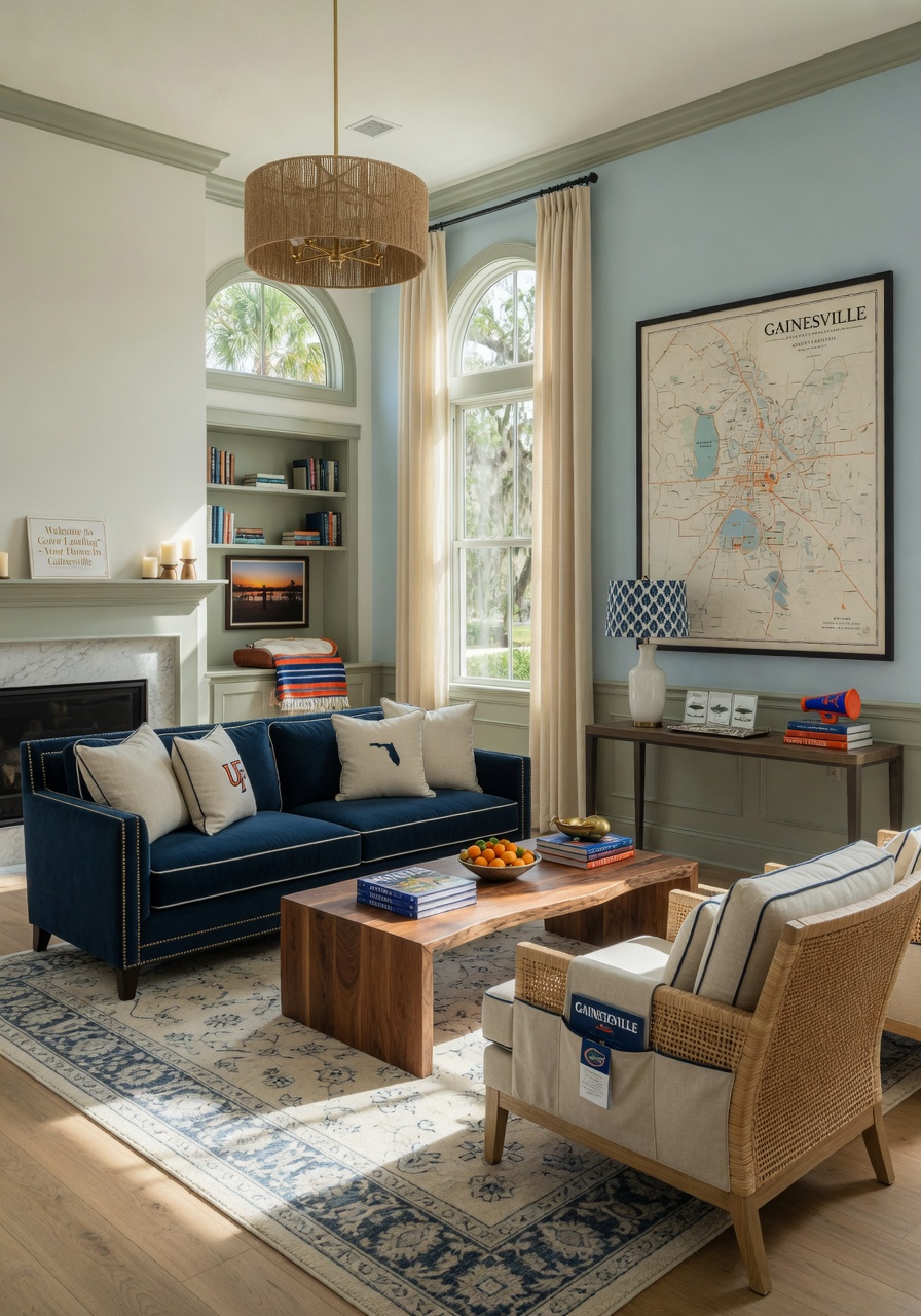 Professional luxury short term rental interior in Gainesville FL, beautifully staged living room with University of Florida subtle theming, natural light, high-end furnishings, 8K ultra realistic