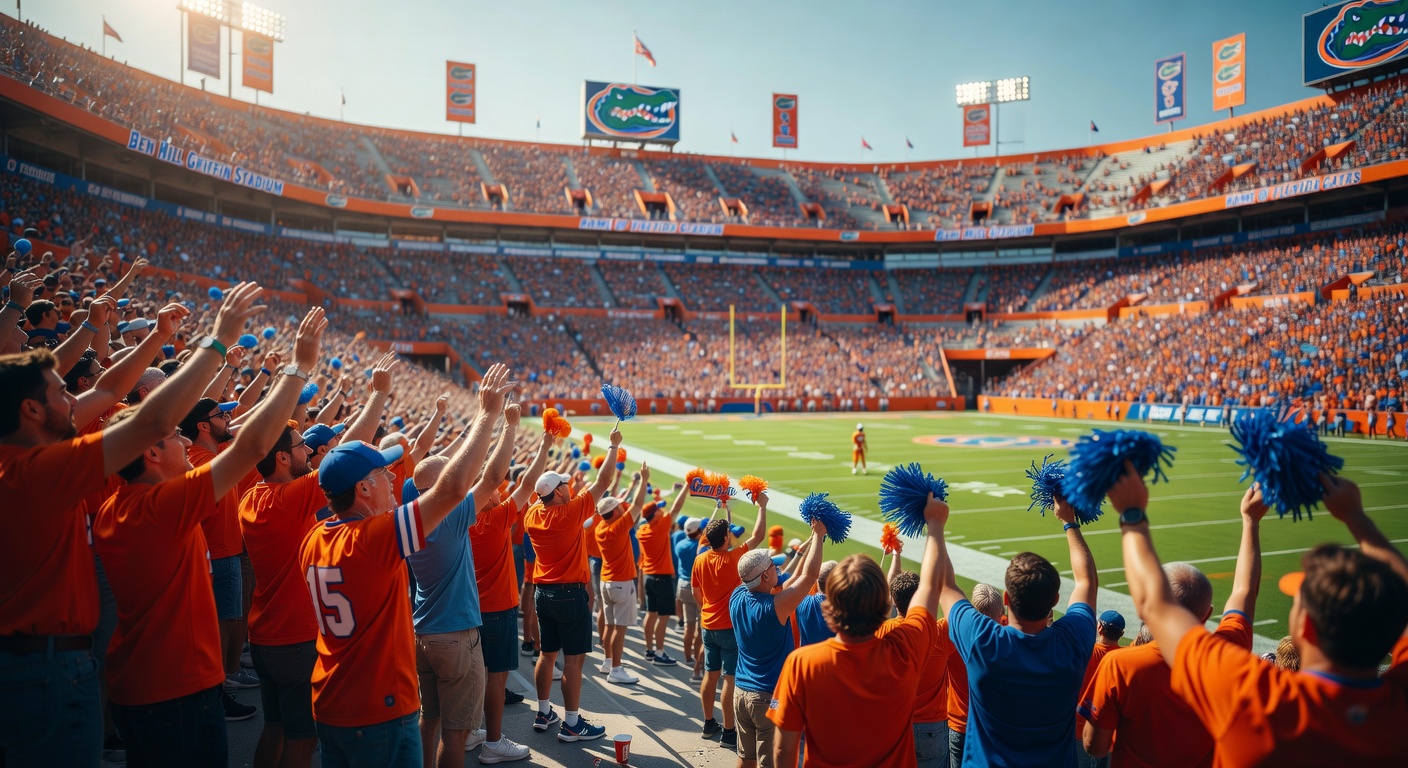Ben Hill Griffin Stadium at University of Florida packed with fans on game day, vibrant orange and blue colors, dynamic atmosphere, ultra-realistic 8K photography